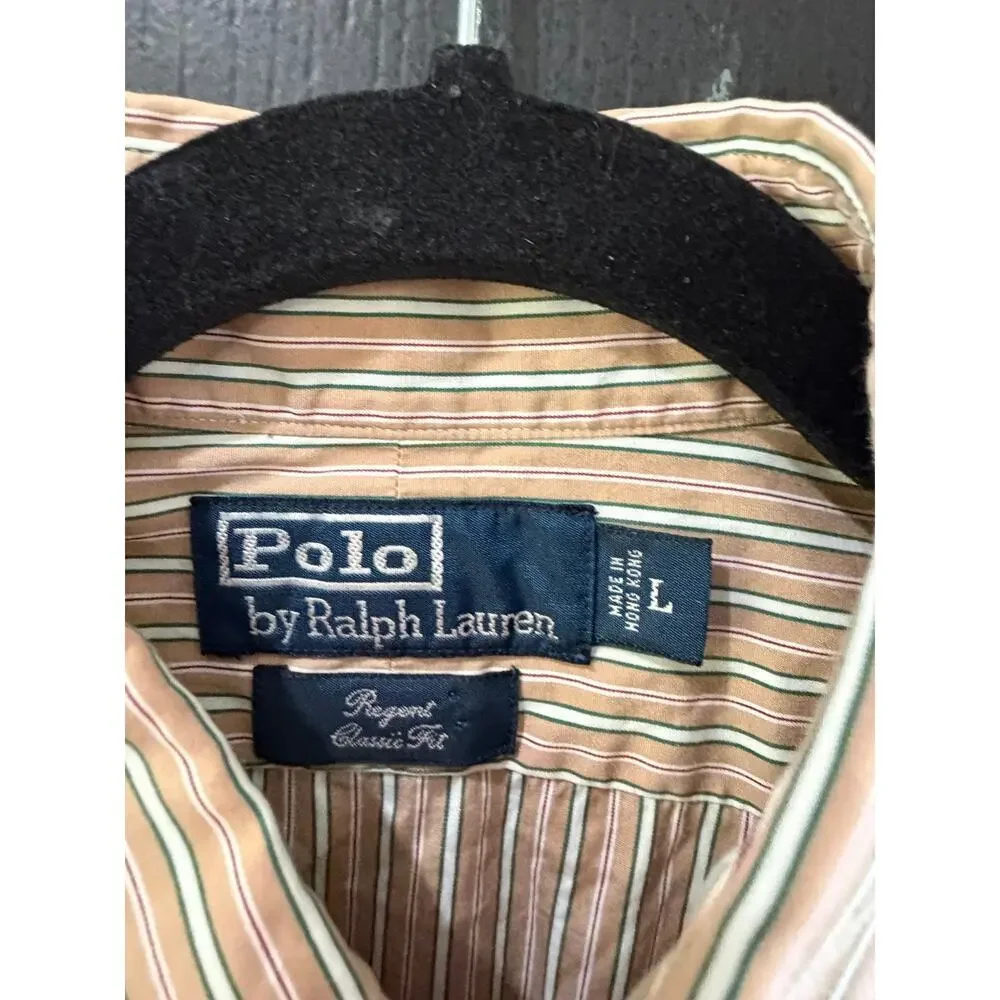 Polo Ralph Lauren Shirt Size Large Beige White Striped Regent Classic Button-Up
